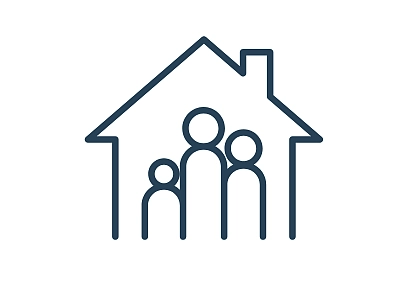 Eine Familie steht in einem Haus. Über der Familie ist ein Herz.