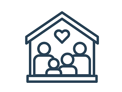 Eine Familie in einem Haus mit einem Herz über ihren Köpfen