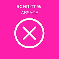 Icon eines Kreises mit einem Kreuz in der Mitte sowie die Worte: Bewerbungsprozess: Schritt 9