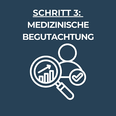 Die Worte: Medizinische Begutachtung sowie ein Mensch mit einer Lupe