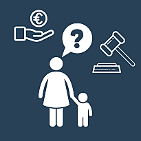 Eine Mutter mit einem Kind stellt sich Fragen. Um sie sind Symbole zum Unterhalt und zur Vaterschaft.