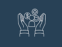 Eine Person ist umgeben von verschiedenen Symbolen für Hilfeleistungen, zum Beispiel Geld.