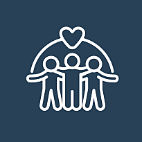 Drei Menschen posieren Arm in Arm und über ihnen ist ein Herz.