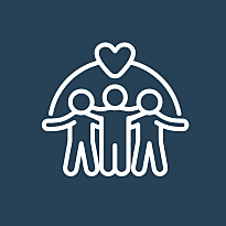 Drei Menschen posieren Arm in Arm und über ihnen ist ein Herz.