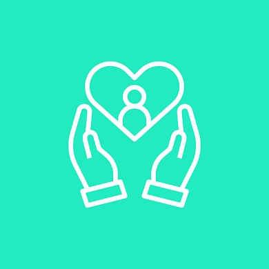 Icon eines Menschen, der seine Hände erhoben hat und ein Herz einfasst