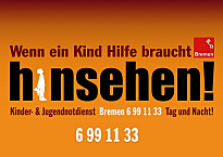 Logo des Kinder- und Jugendschutztelefones. Die abgebildete Telefonnummer lautet 0421 6 99 11 33