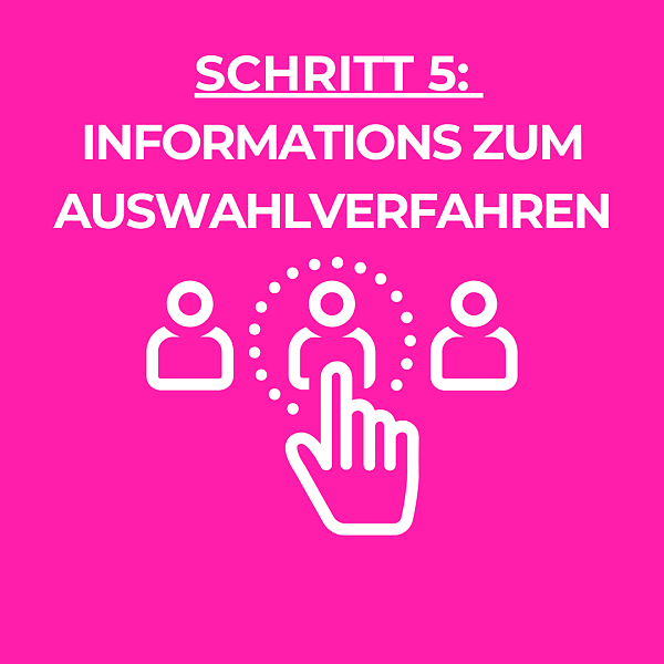 Menschen, die von einer Hand ausgewählt werden und die Worte: Schritt fünf 