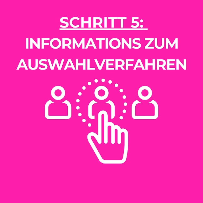 Menschen, die von einer Hand ausgewählt werden und die Worte: Schritt fünf 
