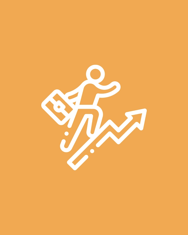 Mensch mit Koffer, der einen Pfeil nach oben hinaufläuft